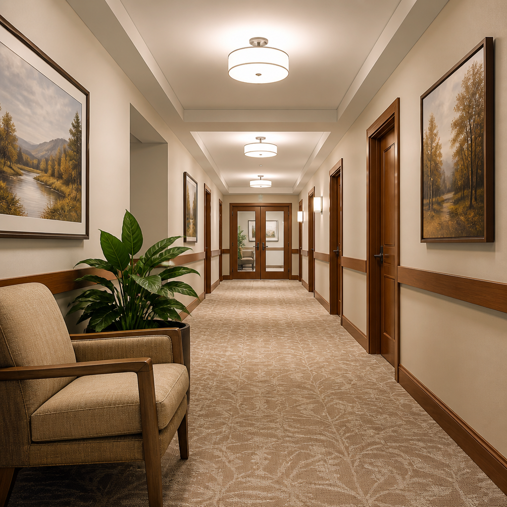 A warm, well-lit hallway inside a care community