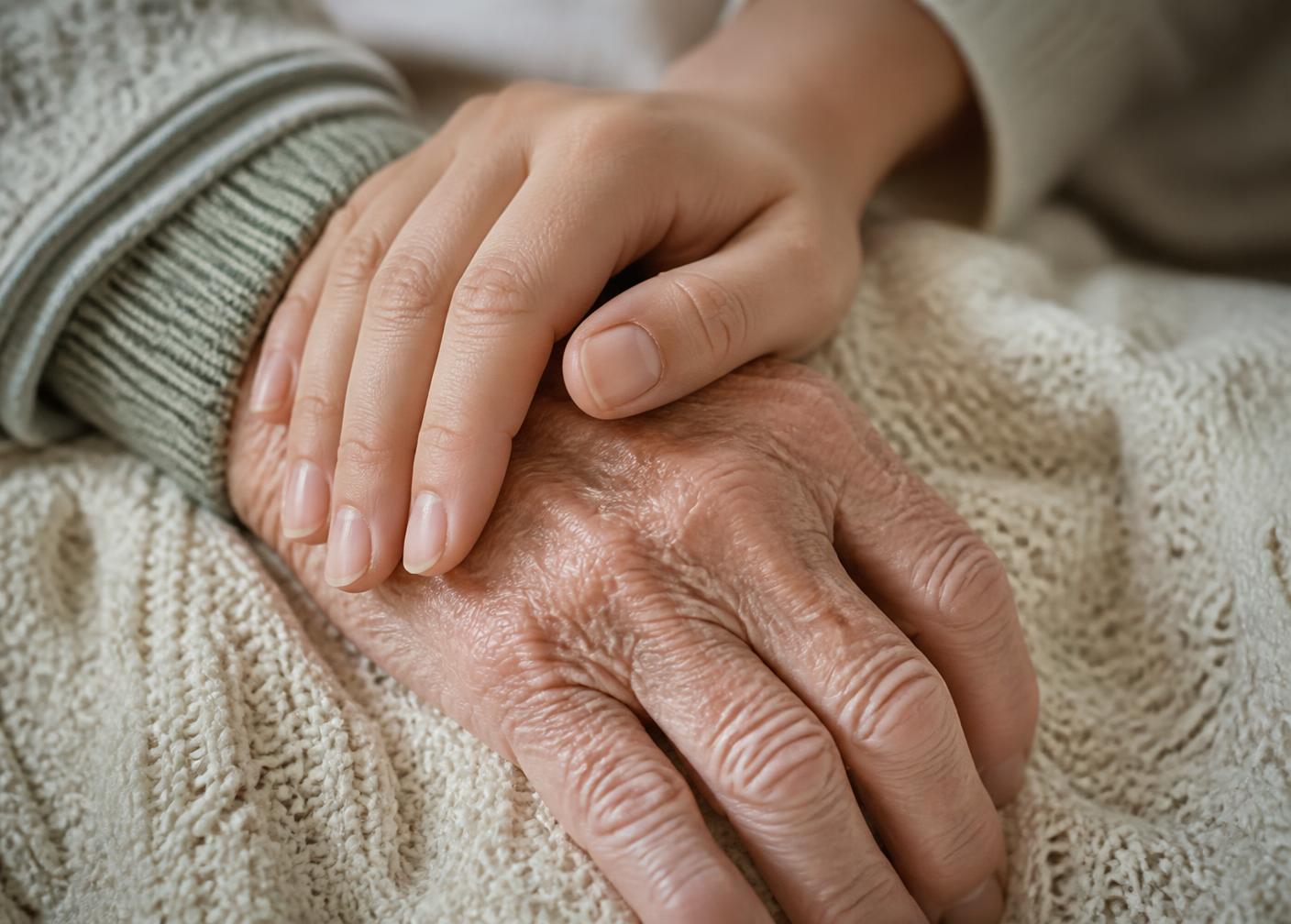 A younger hand resting gently over an elderly person's hand