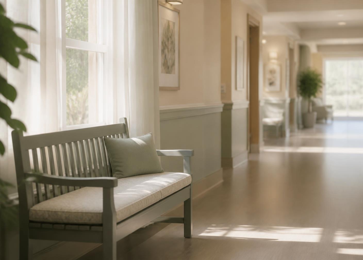 A sunlit hallway with a quiet bench inside a care community